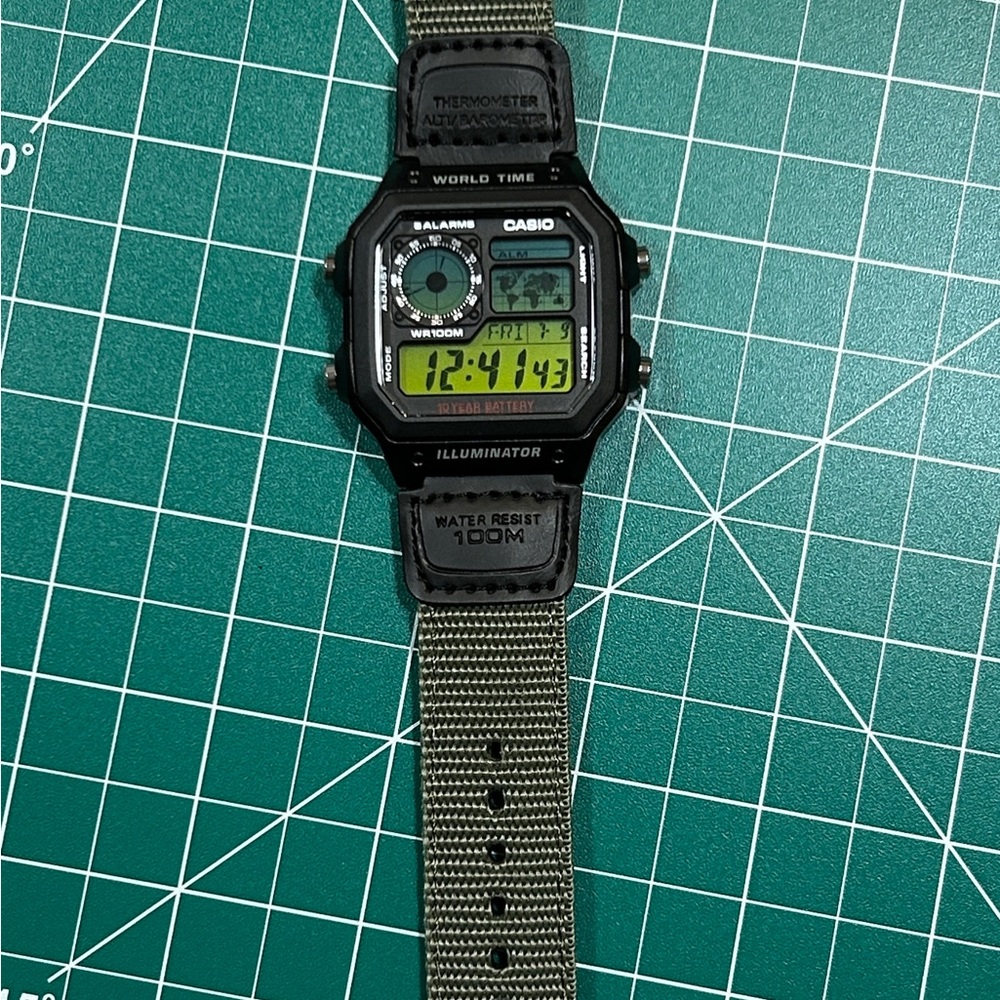 Modified Casio Black Digital Watch with Green Canvas Strap